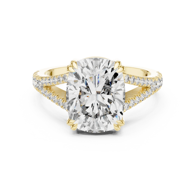cushion lab grown diamond split-shank ring in yellow gold
