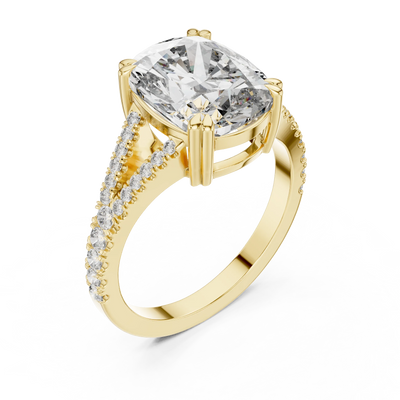 cushion lab grown diamond split-shank ring in yellow gold

