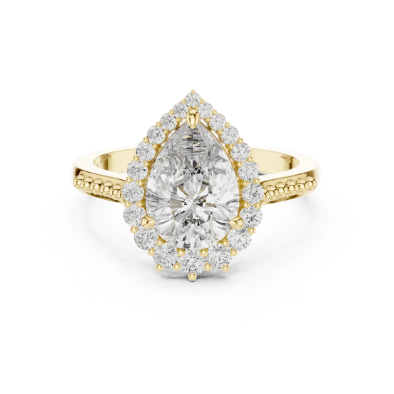 pear lab grown diamond graduated halo ring in yellow gold
