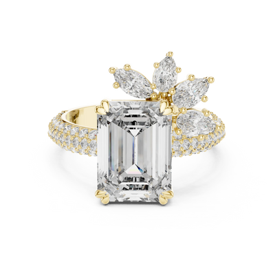 emerald lab grown diamond pear marquise ring in yellow gold