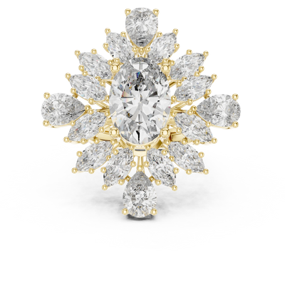 oval pear and marquise diamond ring in yellow gold