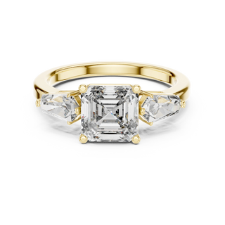 Asscher lab grown diamond three-stone ring in yellow gold