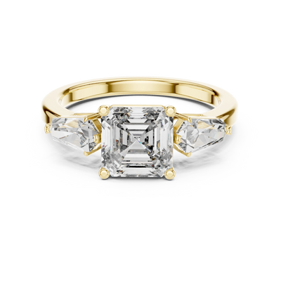 Asscher lab grown diamond three-stone ring in yellow gold
