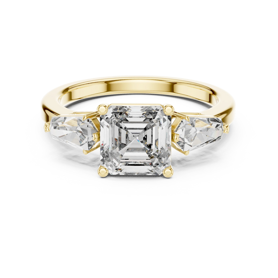 Asscher lab grown diamond three-stone ring in yellow gold