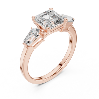 Asscher lab grown diamond three-stone ring in rose gold