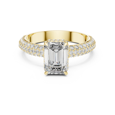 Emerald lab grown diamond triple-row ring in yellow gold