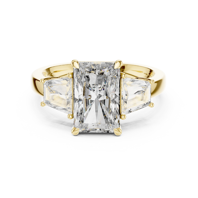 radiant and trapezoid diamond engagement ring in yellow gold
