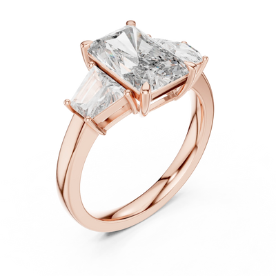 radiant and trapezoid diamond engagement ring in rose gold
