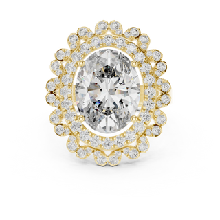 oval lab grown diamond scalloped halo ring in yellow gold