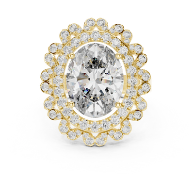 oval lab grown diamond scalloped halo ring in yellow gold