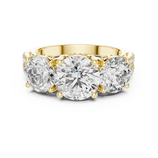 round scroll three-stone engagement ring in yellow gold
