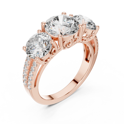 round scroll three-stone engagement ring in rose gold
