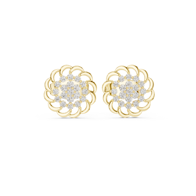 Frontal view of radiant Blooming Petals floral diamond stud earrings  yellow gold.