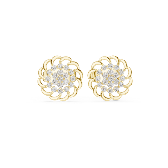 Frontal view of radiant Blooming Petals floral diamond stud earrings  yellow gold.