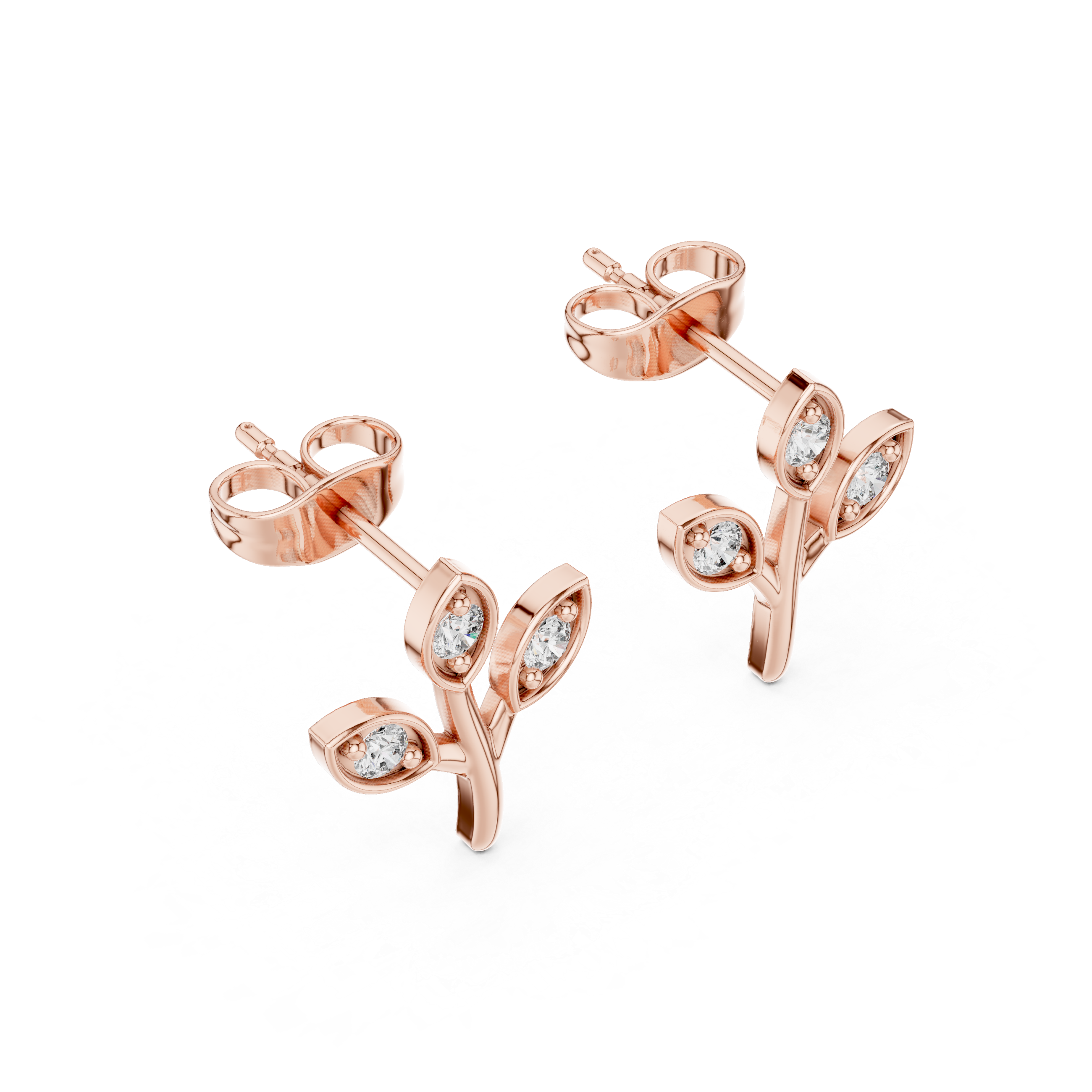 Diamond leaf branch stud earrings in gold by Signora Jewels