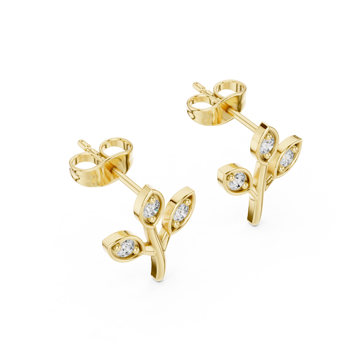 Diamond leaf branch stud earrings in gold by Signora Jewels