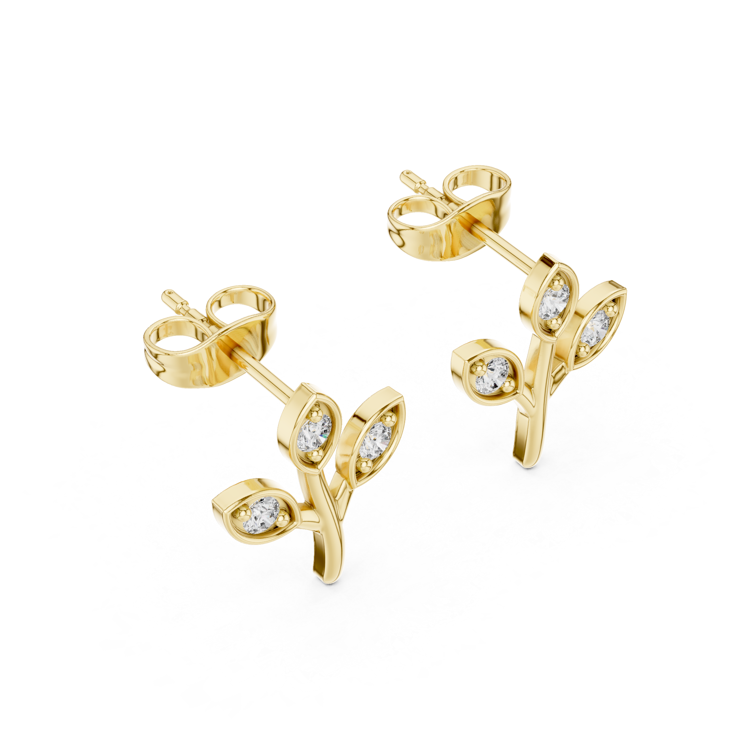 Diamond leaf branch stud earrings in gold by Signora Jewels