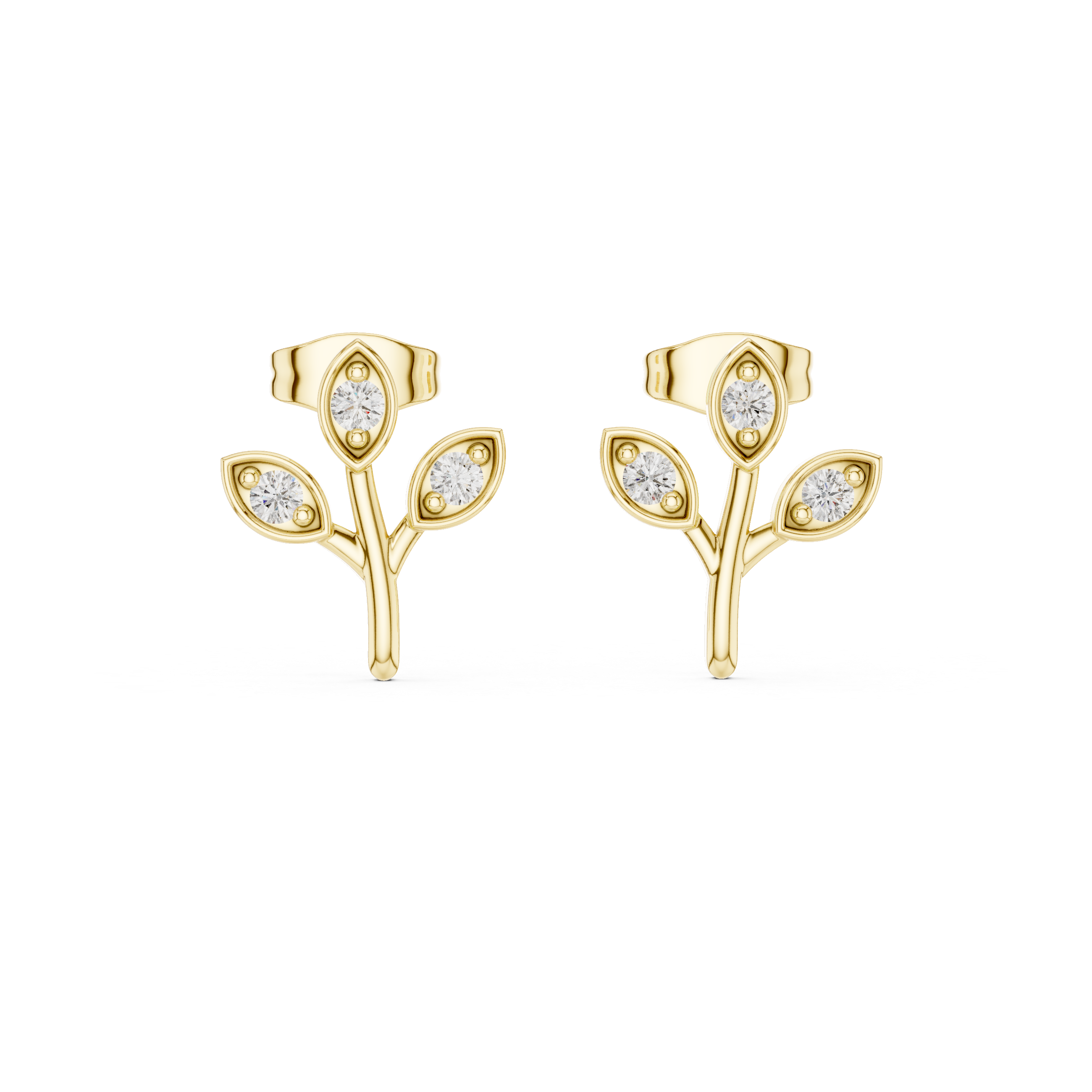 Diamond leaf branch stud earrings in gold by Signora Jewels