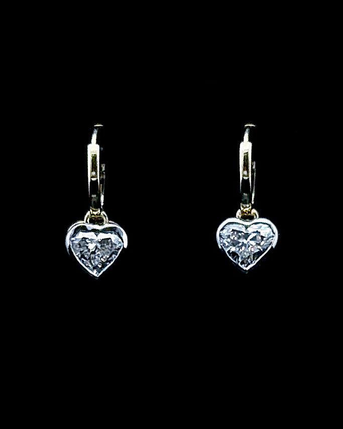 Main: White gold heart bezel drop earrings with 0.40ct lab grown diamond pair on black
Detail: Close-up of heart-cut lab grown diamonds in white gold bezel settings
Side: Angled view of white gold hinged hoops and suspended heart lab grown diamond drops