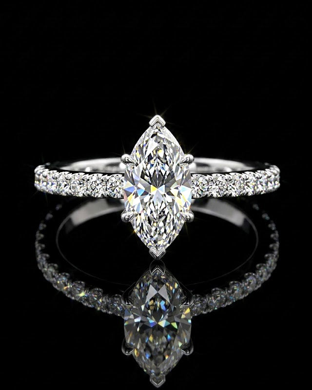 Main: White gold 2.56ct marquise hidden halo ring with pave lab grown diamonds on black
Detail: Close-up of 2.56ct marquise lab grown diamond in a white gold prong setting
Side: White gold marquise ring showing hidden halo and round lab grown diamond pave detailing