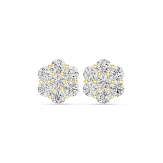 Front view of brilliant floral cluster diamond stud earrings yellow gold.
