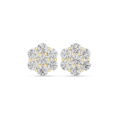 Front view of brilliant floral cluster diamond stud earrings yellow gold.