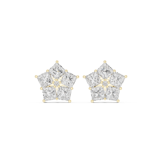 Front view of Celestial Spark princess diamond star stud earrings in yellow gold.