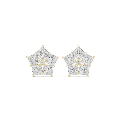 Front view of Celestial Spark princess diamond star stud earrings in yellow gold.