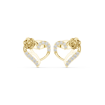 Front view of Luxury Floral Heart diamond earrings in yellow gold.