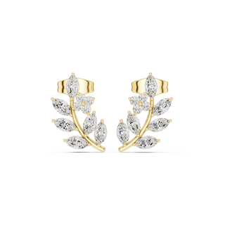 Front view of Elegant Botanical marquise diamond stud earrings in yellow gold.