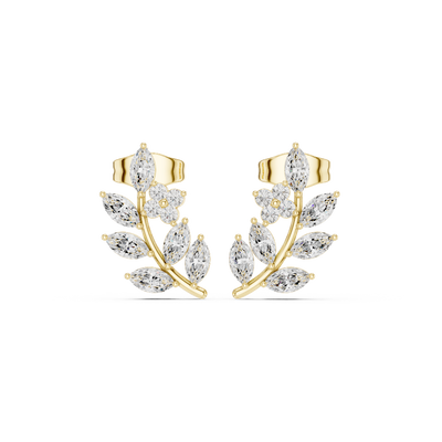 Front view of Elegant Botanical marquise diamond stud earrings in yellow gold.