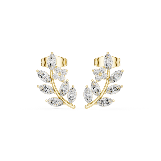 Front view of Elegant Botanical marquise diamond stud earrings in yellow gold.