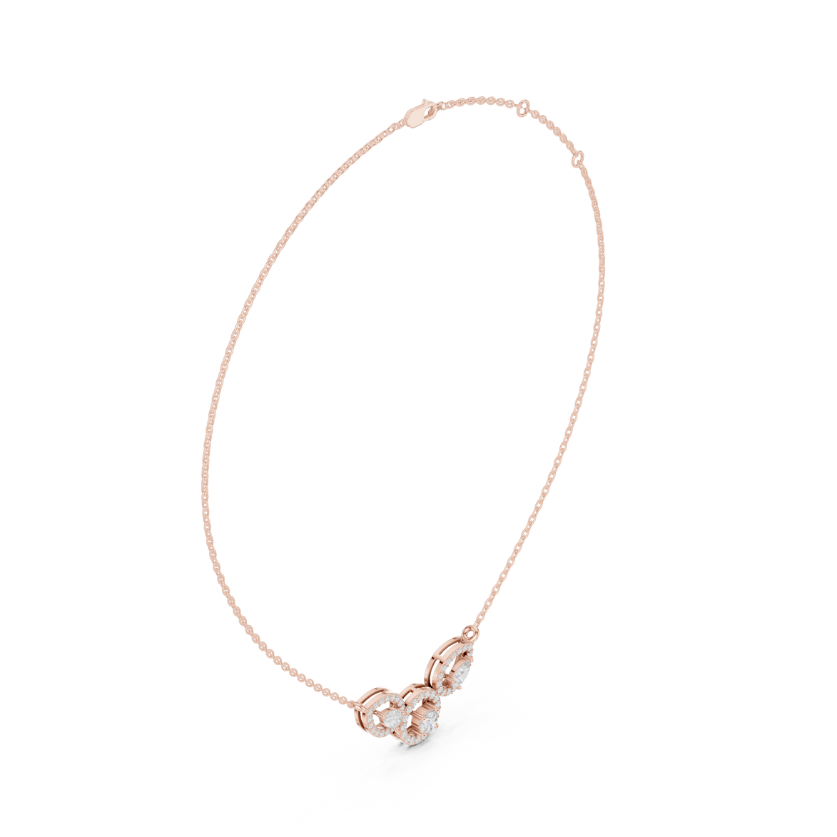 Minimal three stone diamond pendant in gold with pear and round lab grown diamonds by Signora Jewels
