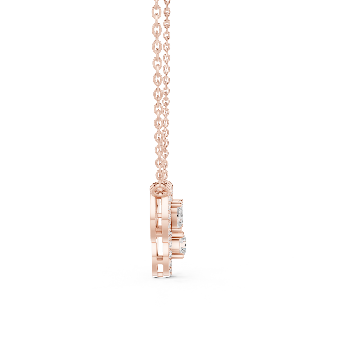 Minimal three stone diamond pendant in gold with pear and round lab grown diamonds by Signora Jewels