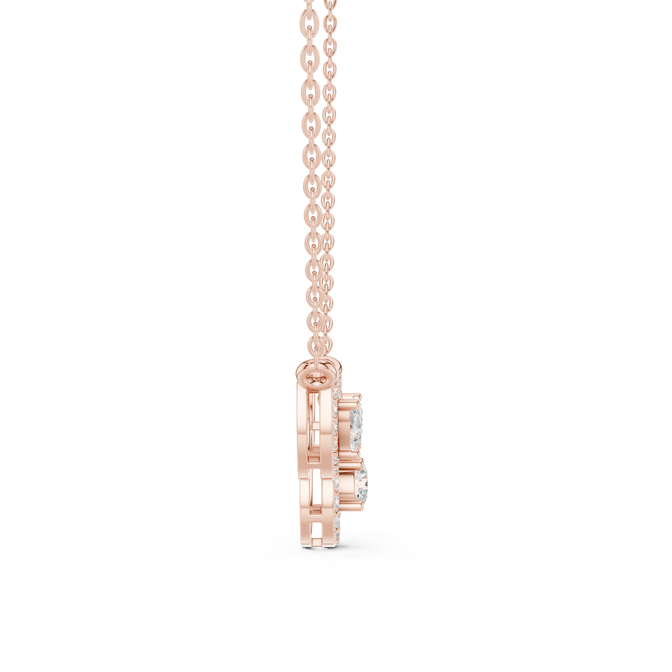 Minimal three stone diamond pendant in gold with pear and round lab grown diamonds by Signora Jewels