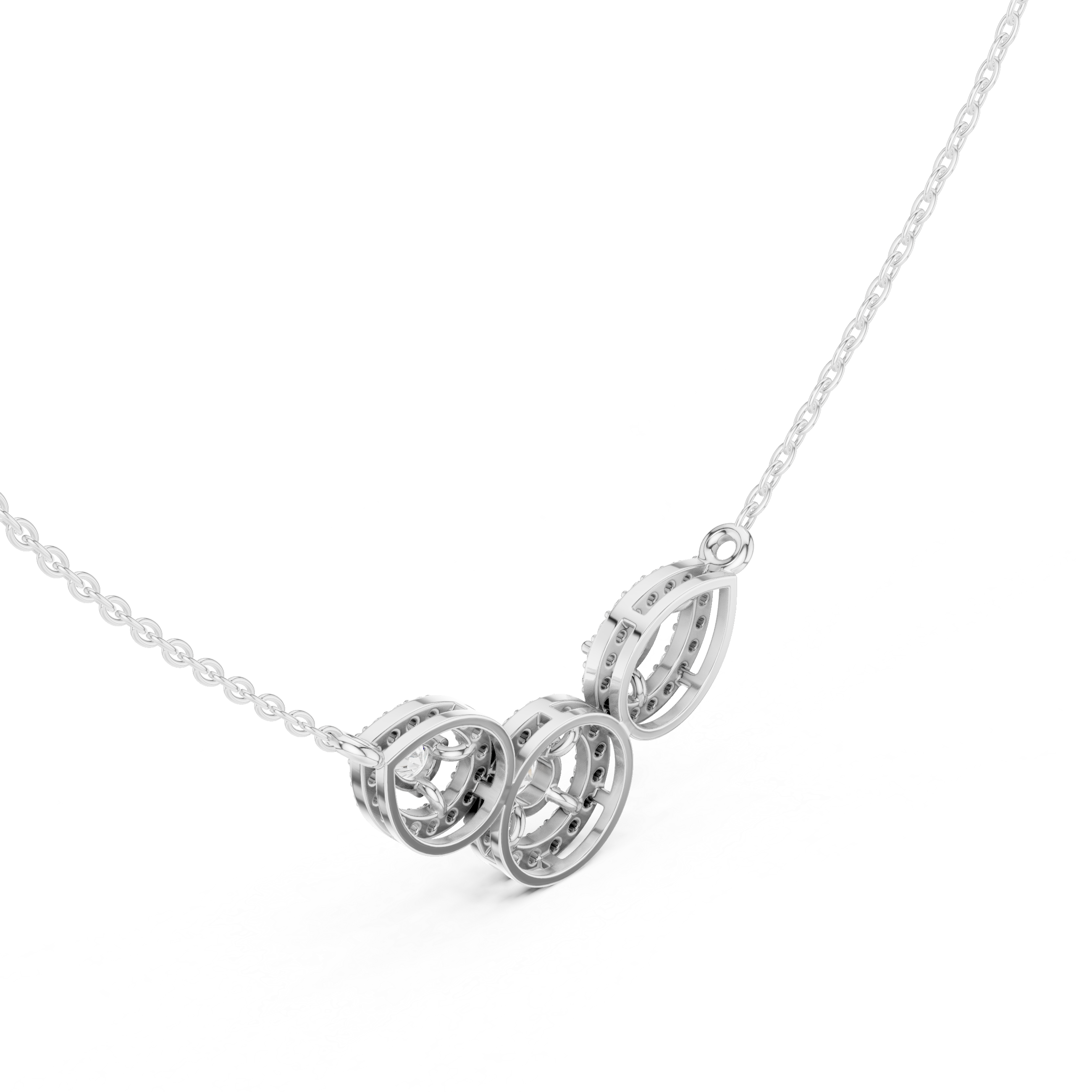 Minimal three stone diamond pendant in gold with pear and round lab grown diamonds by Signora Jewels