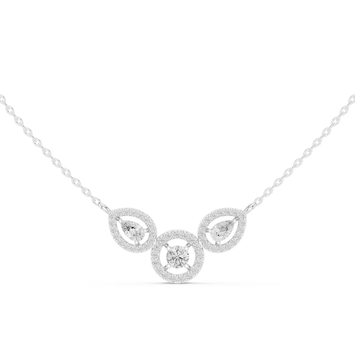Minimal three stone diamond pendant in gold with pear and round lab grown diamonds by Signora Jewels