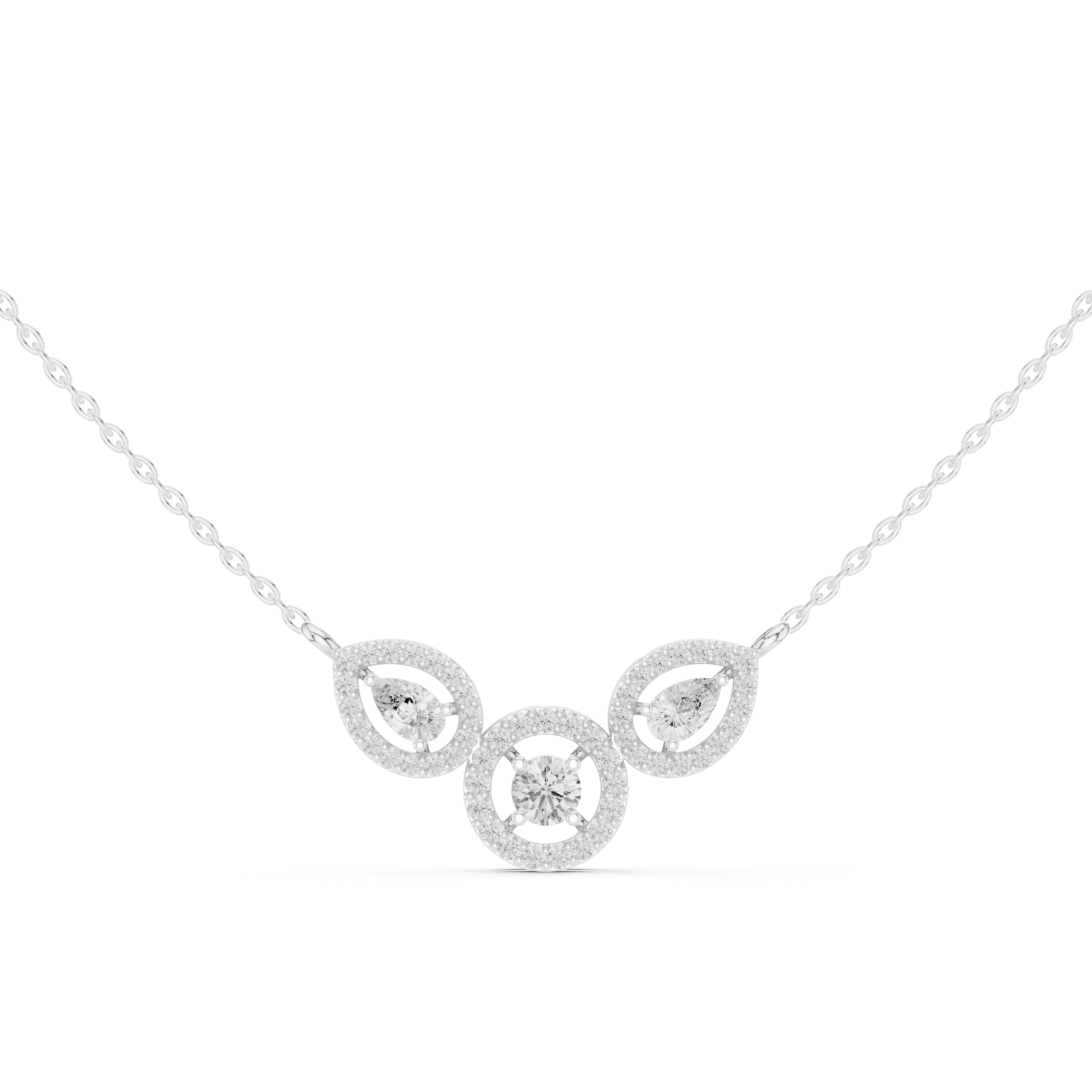 Minimal three stone diamond pendant in gold with pear and round lab grown diamonds by Signora Jewels