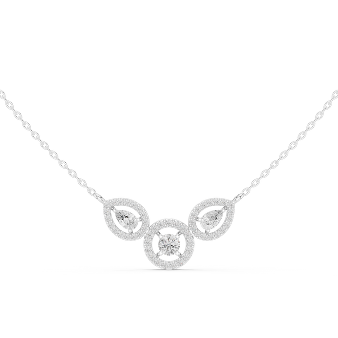 Minimal three stone diamond pendant in gold with pear and round lab grown diamonds by Signora Jewels
