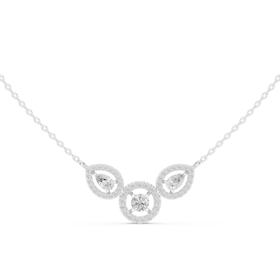 Minimal three stone diamond pendant in gold with pear and round lab grown diamonds by Signora Jewels