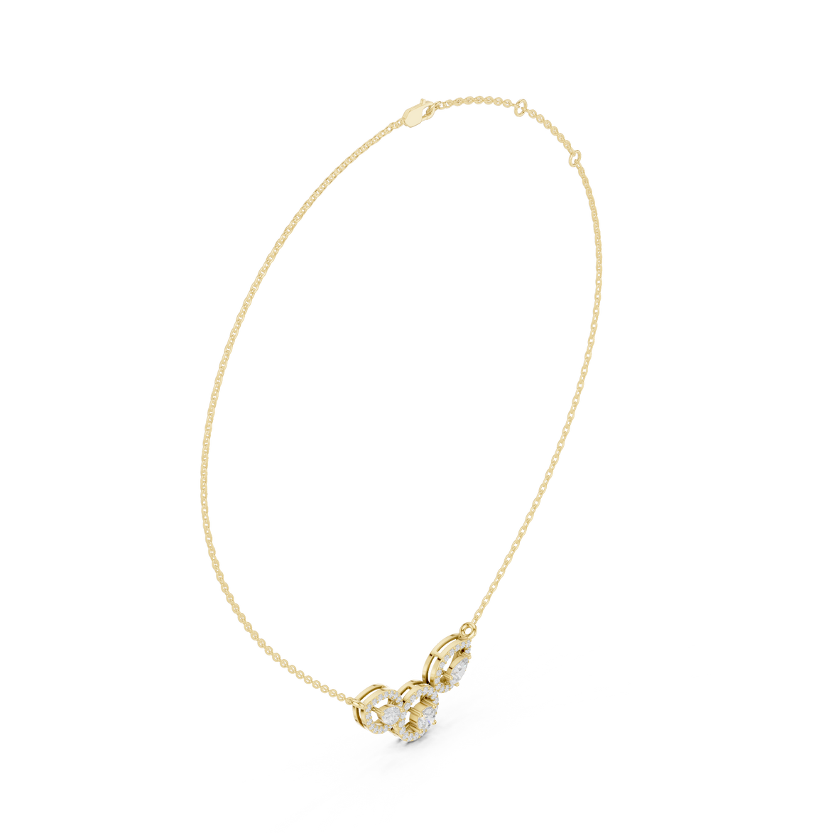 Minimal three stone diamond pendant in gold with pear and round lab grown diamonds by Signora Jewels