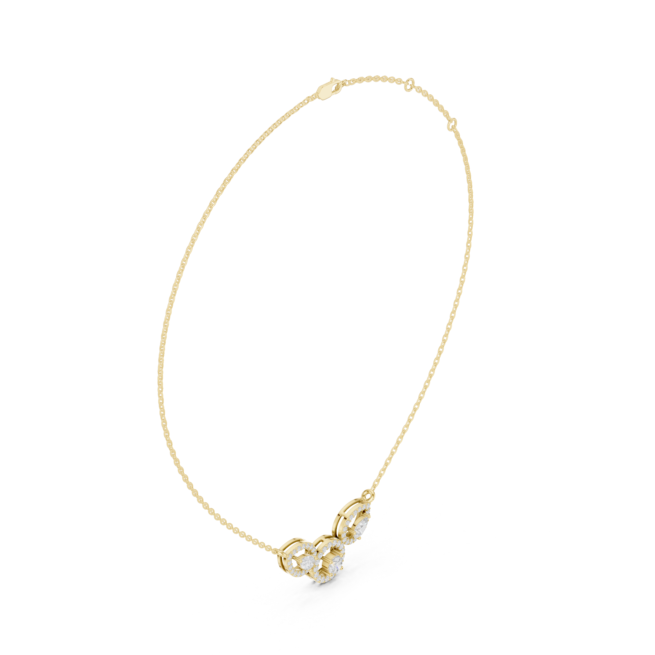 Minimal three stone diamond pendant in gold with pear and round lab grown diamonds by Signora Jewels