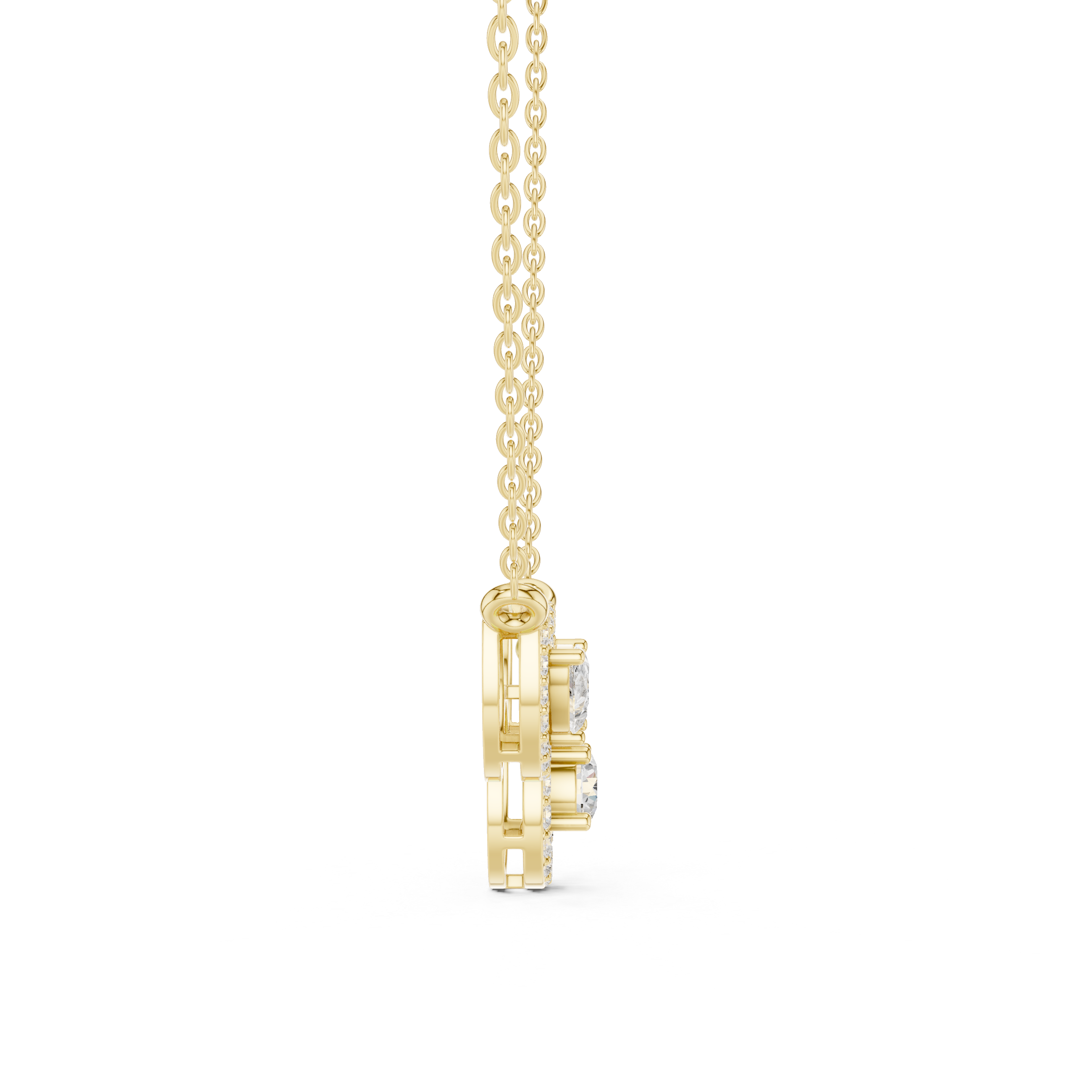 Minimal three stone diamond pendant in gold with pear and round lab grown diamonds by Signora Jewels