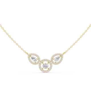 Minimal three stone diamond pendant in gold with pear and round lab grown diamonds by Signora Jewels