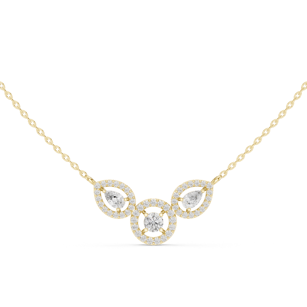 Minimal three stone diamond pendant in gold with pear and round lab grown diamonds by Signora Jewels