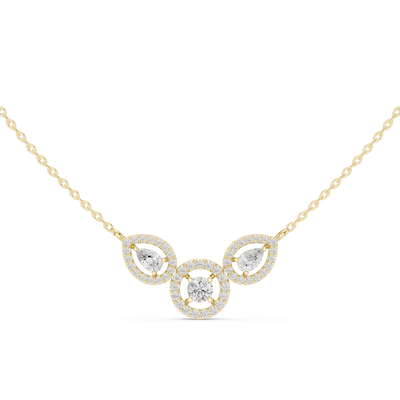 Minimal three stone diamond pendant in gold with pear and round lab grown diamonds by Signora Jewels