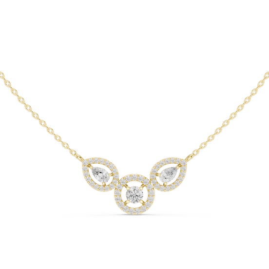 Minimal three stone diamond pendant in gold with pear and round lab grown diamonds by Signora Jewels