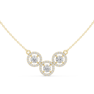 round diamond three circle halo pendant in yellow gold