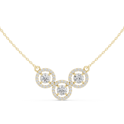 round diamond three circle halo pendant in yellow gold