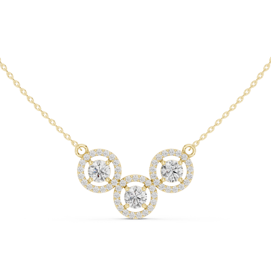 round diamond three circle halo pendant in yellow gold